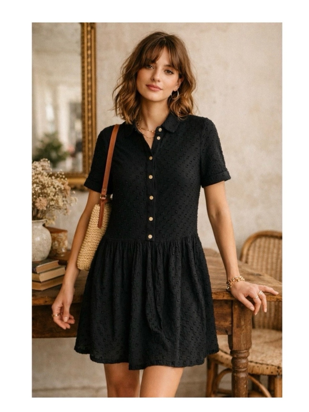 Sezane Black Eyelet Polo Mini Dress